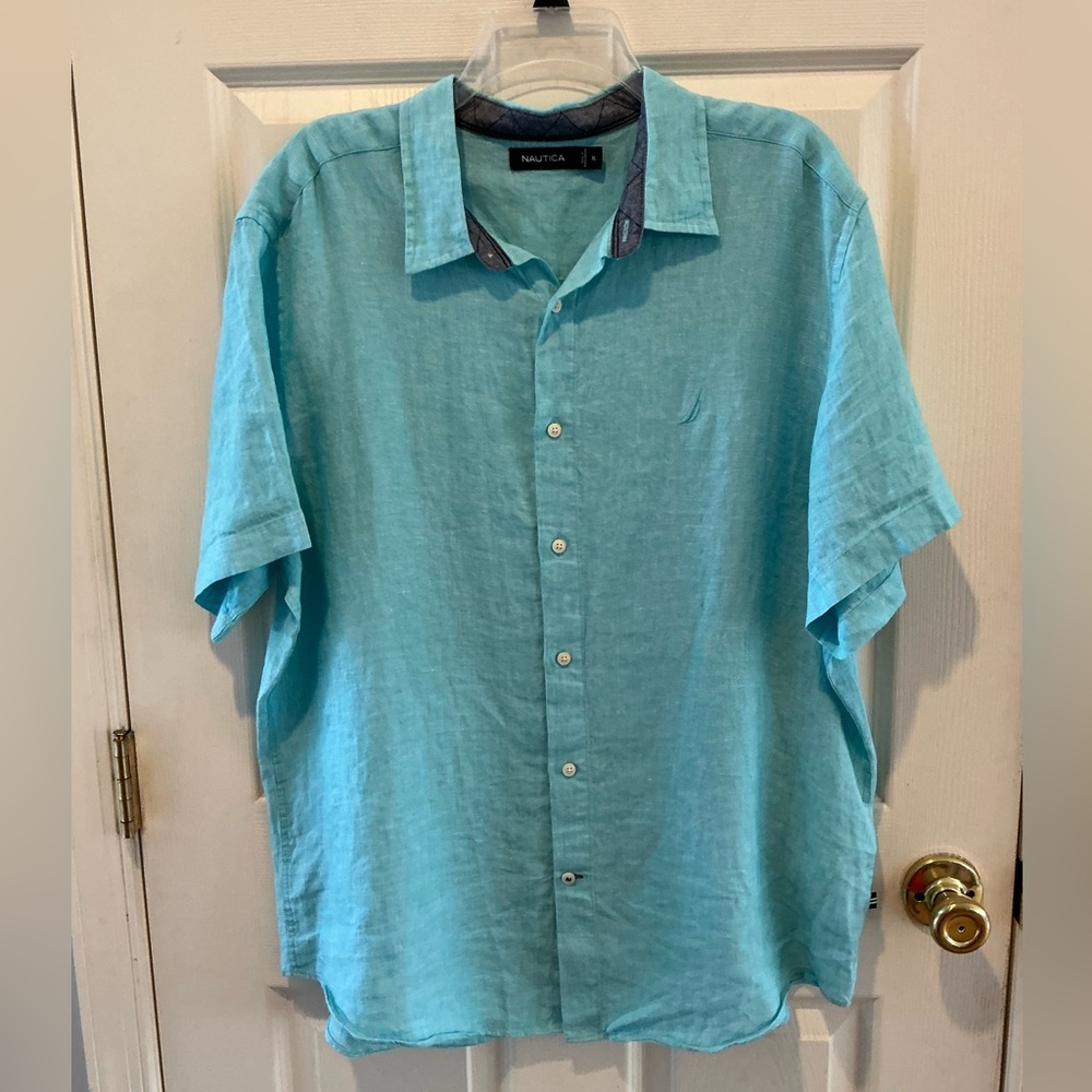 Nautica Men's Aqua Casual Button Down Short Sleeve Shirt Preppy Resort  Size XL